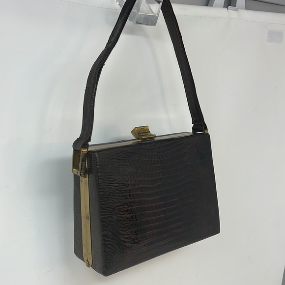 Harry Revits Lizard Reptile Dark Brown and Brass Structured Leather Box Handbag - Picture 3 of 13